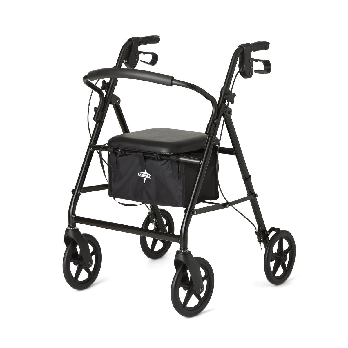 Rollator walker with black frame, padded seat, under-seat storage bag, hand brakes, and large 8-inch wheels