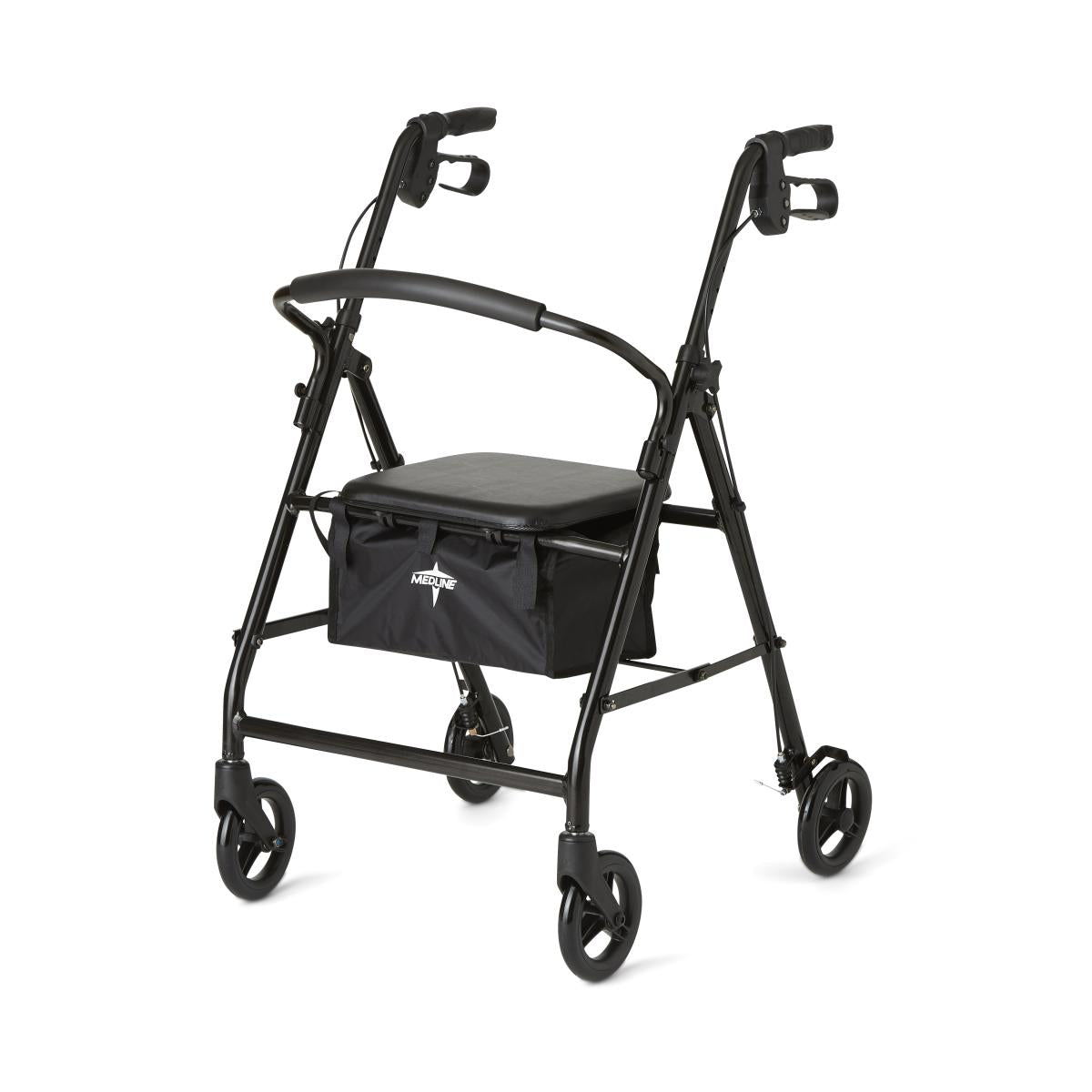 Rollator walker in black with padded seat, hand brakes, under-seat storage bag, and four wheels