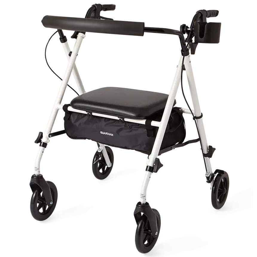 Rollator walker with white frame, padded seat, forearm rest, under-seat bag, cup holder, and four black wheels