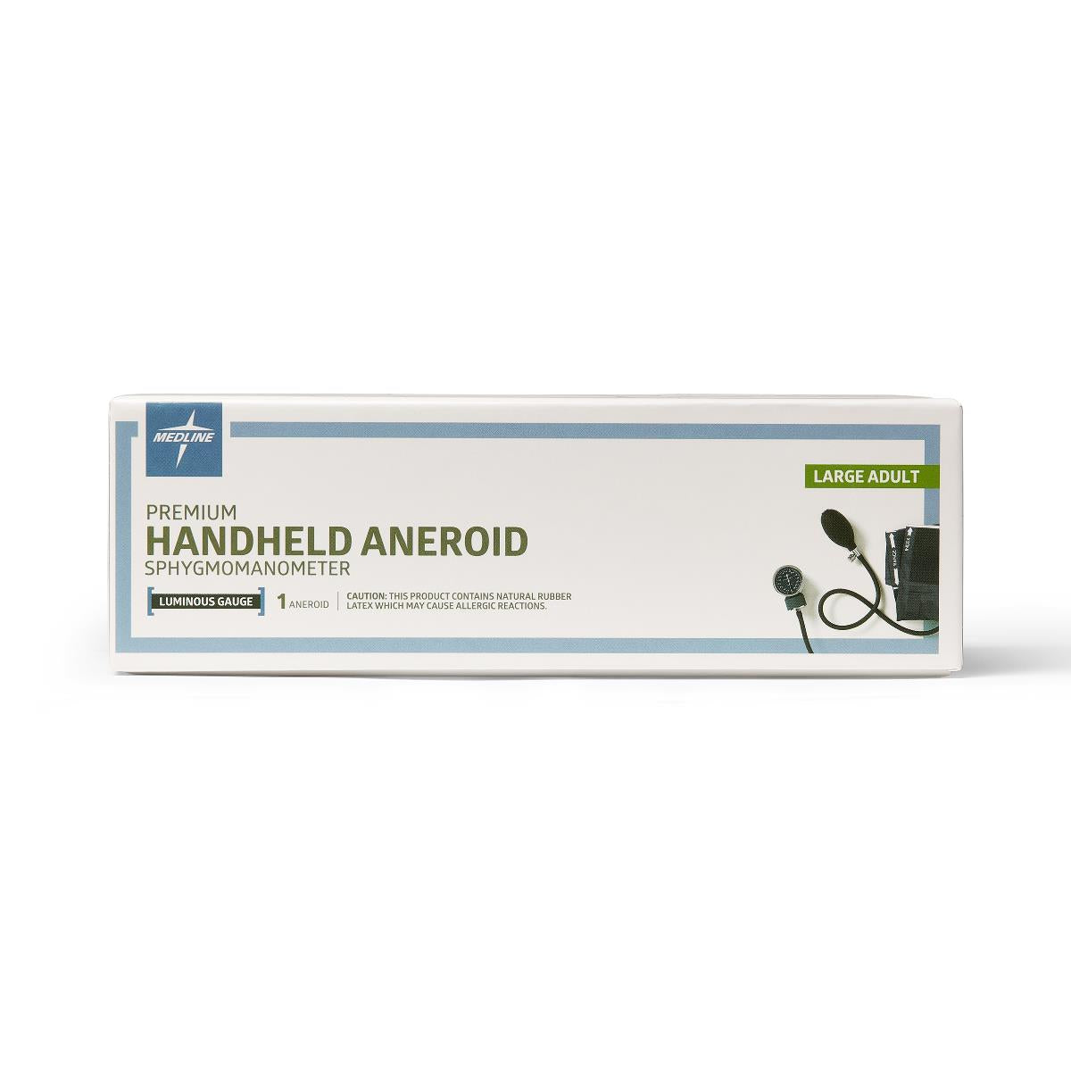 Aneroid sphygmomanometer box labeled Premium Handheld Aneroid, large adult size, with product image on white packaging