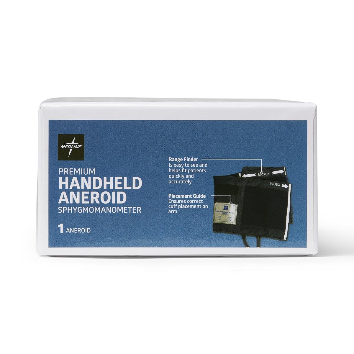 Aneroid sphygmomanometer box with blue label showing cuff image, range finder, and placement guide callouts on white