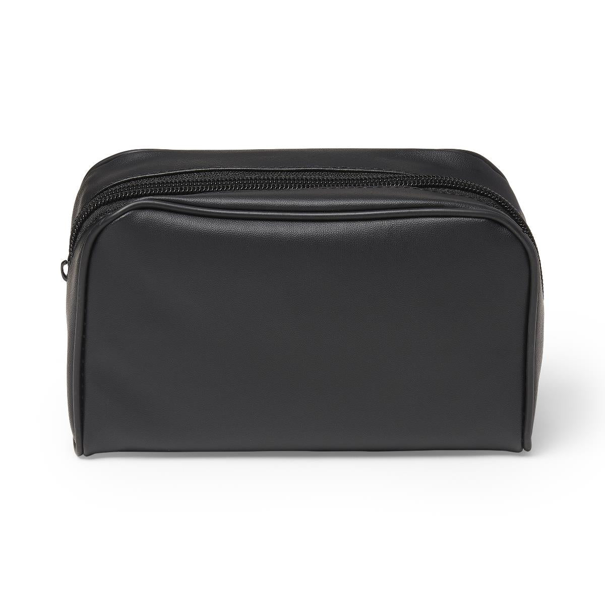 Carry case for blood pressure monitor, black faux leather with top zipper closure, rectangular dopp-style bag on white