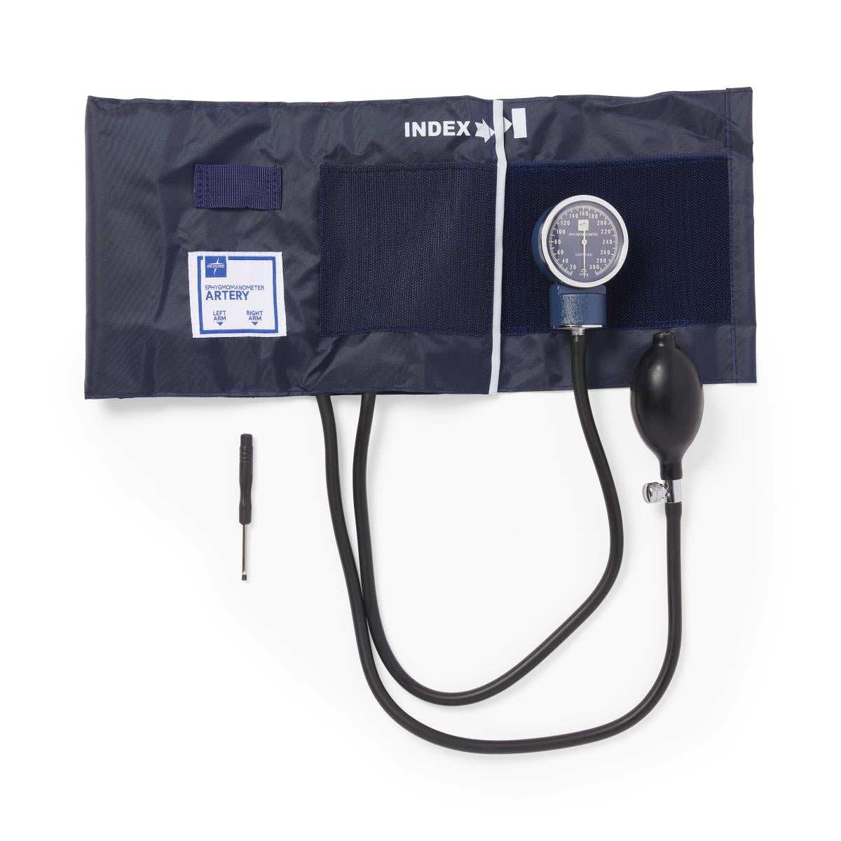 Aneroid blood pressure monitor with navy blue cuff, round gauge, rubber bulb, tubing, and small screwdriver tool laid flat