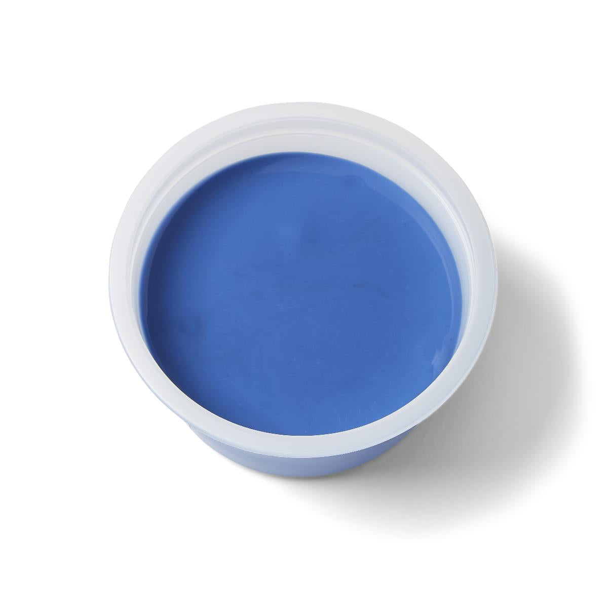 Theraputty exercise putty in a round clear plastic container, shown from above, blue color