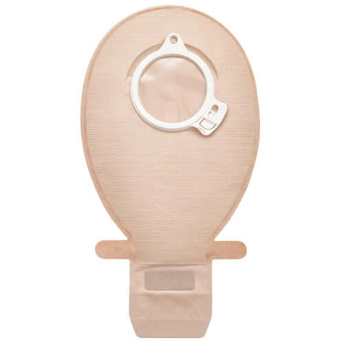 Drainable ostomy pouch with white locking ring coupling and beige fabric cover, shown flat against white background