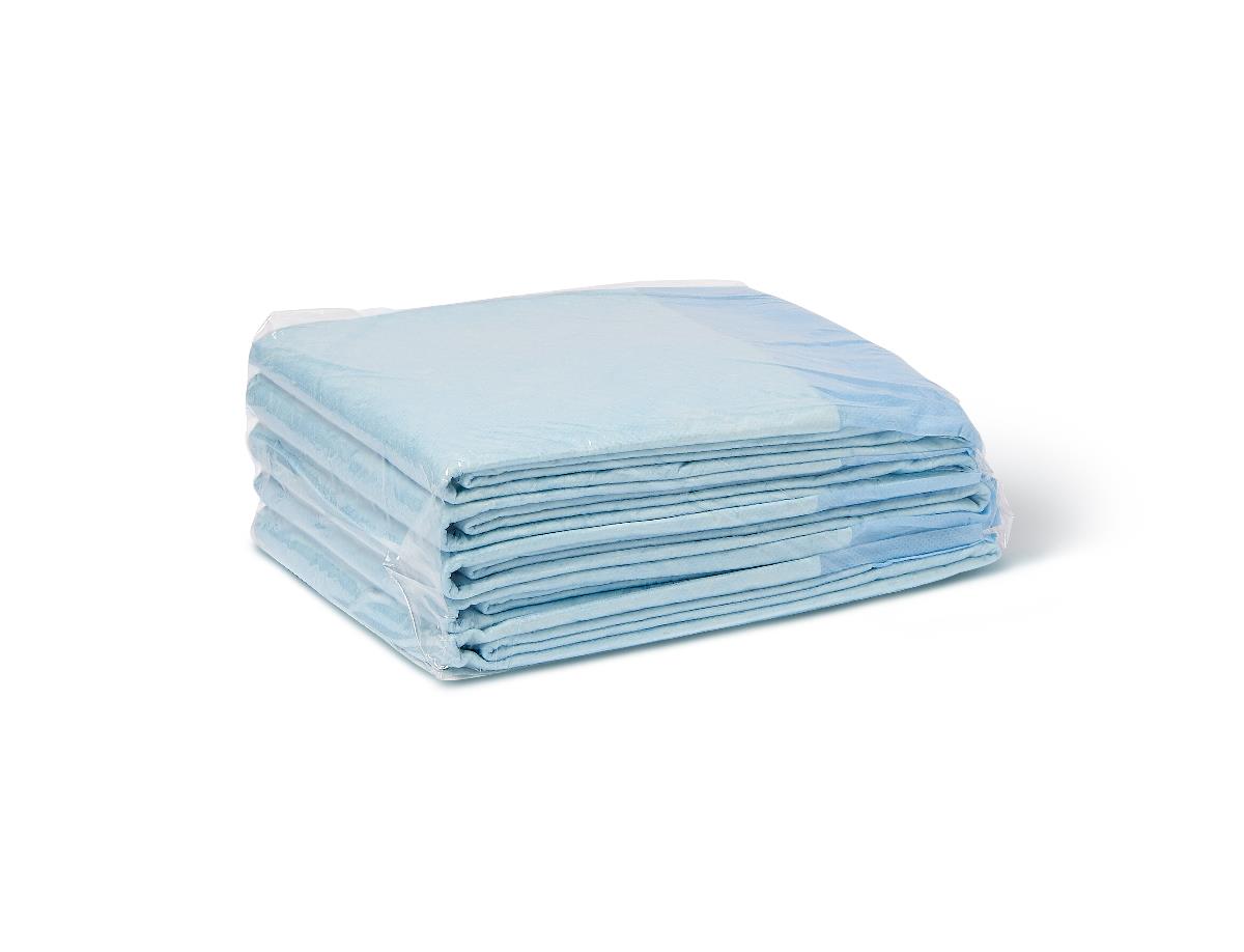 Disposable underpads stacked and wrapped in clear plastic, light blue with white backing