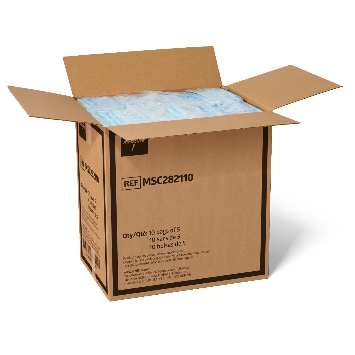 Underpads bulk case open cardboard box filled with blue disposable underpads, 10 bags of 5 count