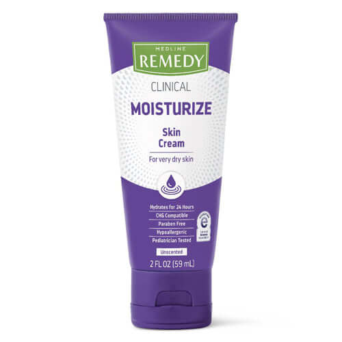 Medline Remedy Clinical Moisturize Skin Cream tube, 2 fl oz, purple squeeze bottle for very dry skin, unscented formula