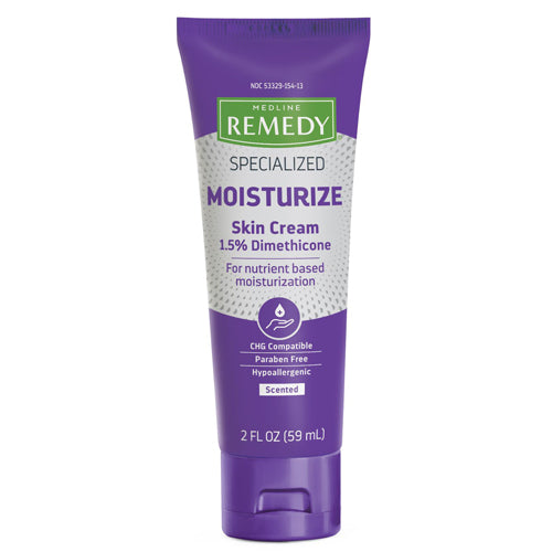 Medline Remedy Specialized Moisturize Skin Cream tube with 1.5% Dimethicone, 2 fl oz, in purple packaging