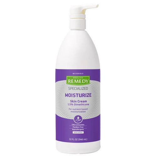 Medline Remedy Specialized Moisturize Skin Cream pump bottle, 32 oz, with purple label, unscented, 1.5% dimethicone formula