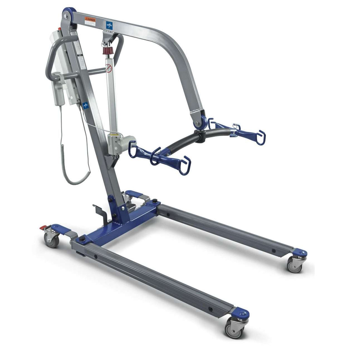 Electric patient lift with gray and blue steel frame, sling hooks, motor unit, hand control, and four-wheel rolling base