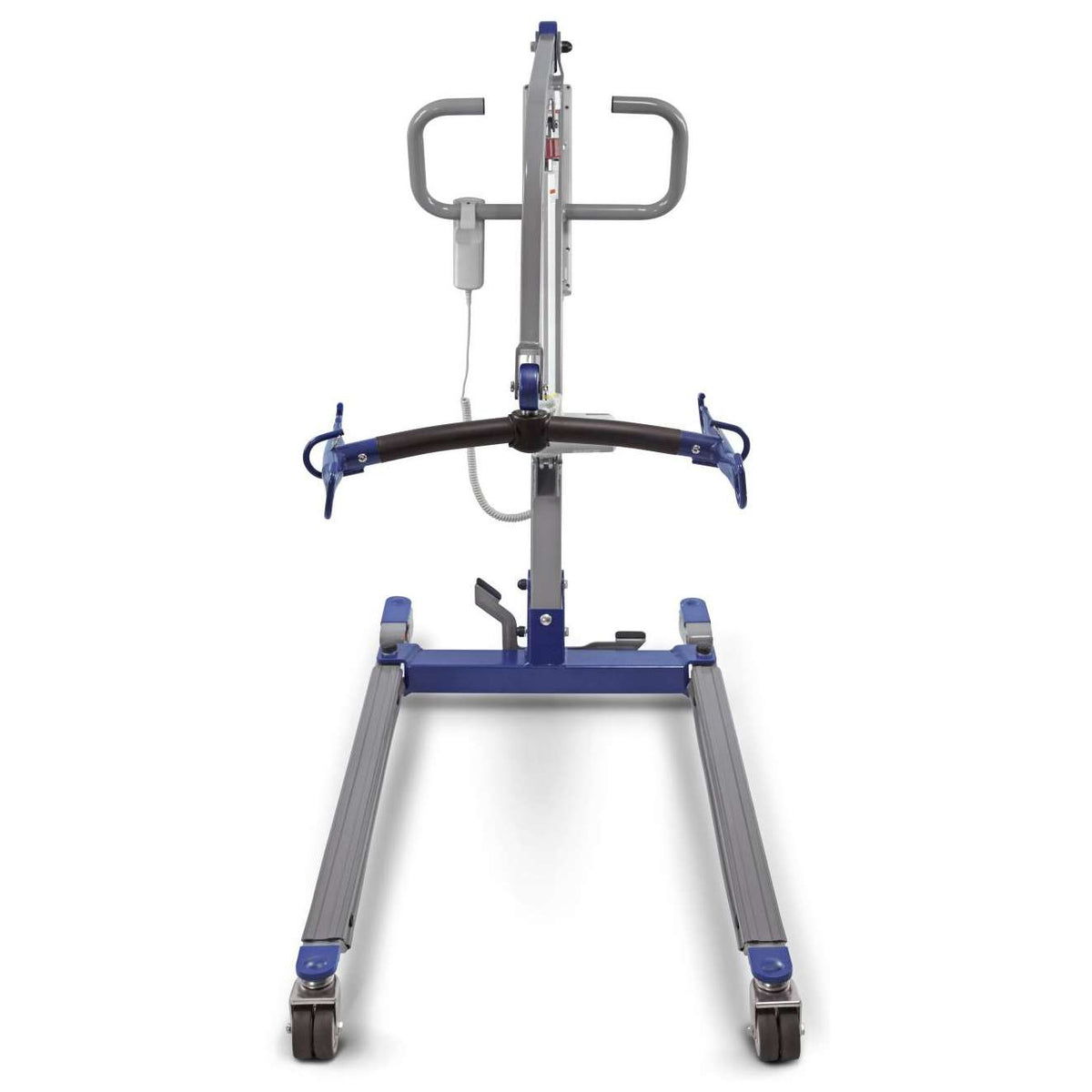 Electric patient lift with blue and gray frame, curved boom bar, push-button pendant control, wheeled base, and locking