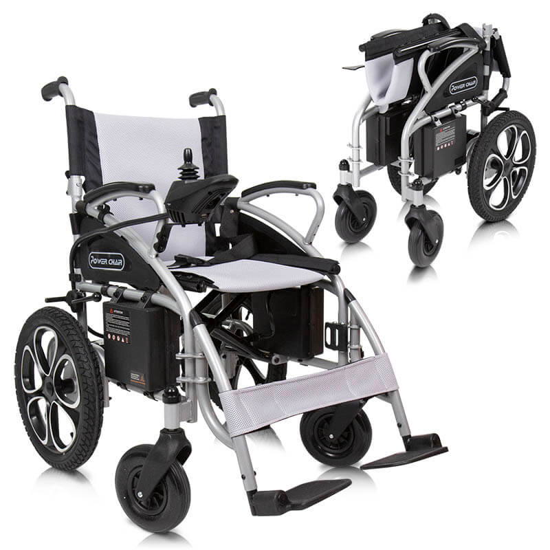 Power wheelchair shown unfolded and folded, silver frame with black mesh seat, joystick control, and spoke wheels