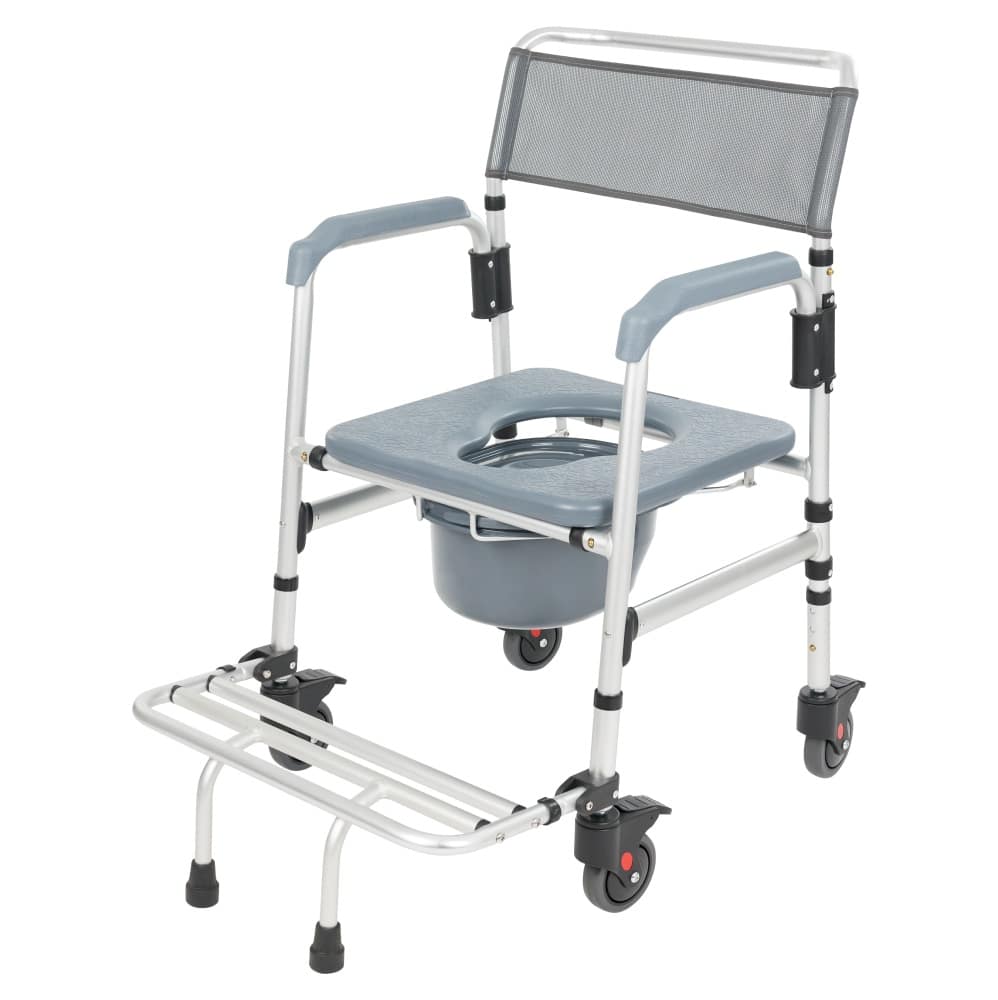 Shower commode transport wheelchair with aluminum frame, locking caster wheels, mesh back, padded armrests, commode seat
