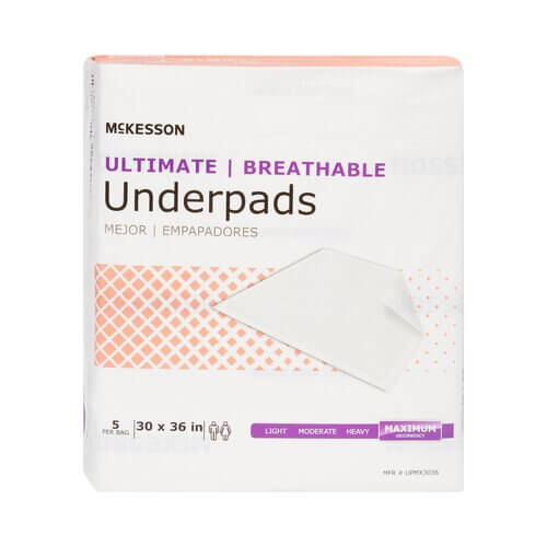 McKesson Ultimate Breathable Underpads package, 30x36 inch, maximum absorbency, 5 per bag, white with peach accents