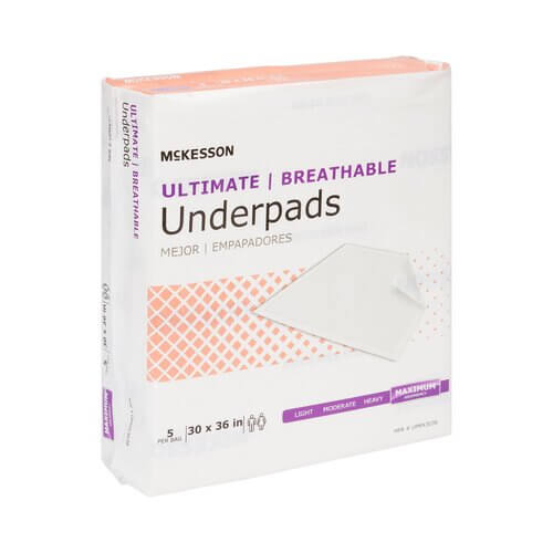 McKesson Ultimate Breathable Underpads box, white with peach diamond pattern, 30x36 inch, 5 count, maximum absorbency