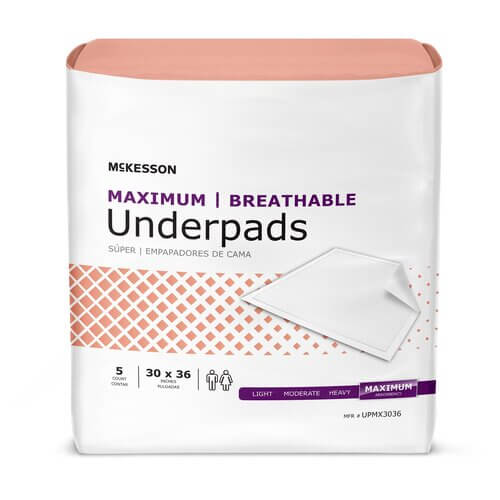 McKesson Maximum Breathable Underpads package, 30x36 inch, count of 5, with coral diamond pattern design