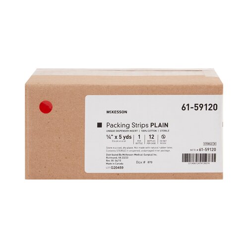 Wound packing strips in a kraft cardboard dispenser box labeled plain, sterile, 1/4 inch x 5 yards, 12 per case