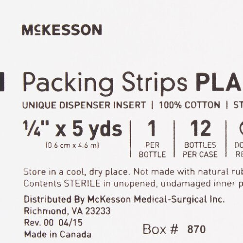 McKesson wound packing strip box label showing 1/4 inch x 5 yard, 100% cotton, sterile, 1 per bottle, 12 bottles per case