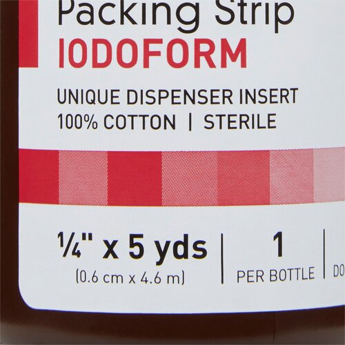 Iodoform wound packing strip bottle label showing 1/4 inch x 5 yards, sterile, 100% cotton, with dispenser insert, 1 per
