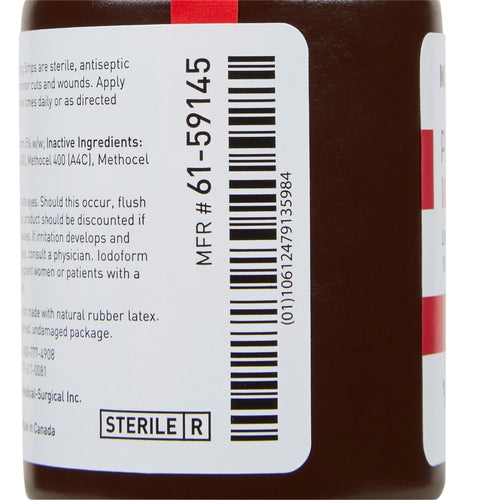 Wound packing strip bottle showing label with barcode, sterile marking, and ingredient information