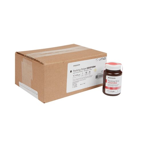 Iodoform wound packing strips in a single brown jar beside a cardboard case box, both labeled with red and white text