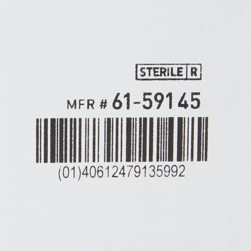 Wound packing strip packaging label showing sterile designation, manufacturer number, and barcode on white background