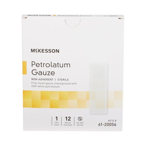 McKesson Petrolatum Gauze box, white with gold accents, labeled non-adherent sterile, 12 packs per box