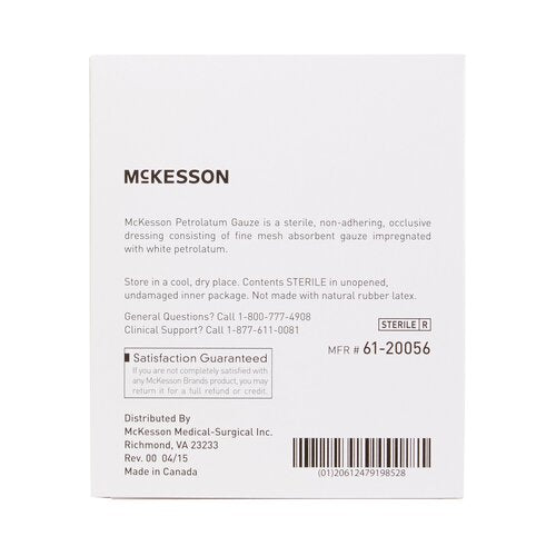 McKesson petrolatum impregnated dressing box showing back panel with product description, sterile label, and barcode