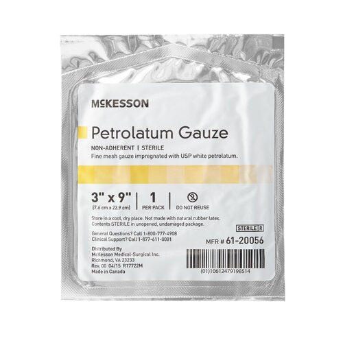 McKesson petrolatum gauze dressing in sealed sterile silver and white packaging, labeled 3 x 9 inch, non-adherent sterile