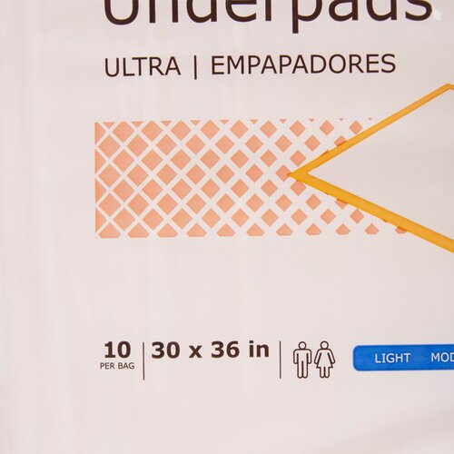Disposable underpads package labeled Ultra, 30x36 inch, 10 per bag, light absorbency, with orange diamond pattern graphic