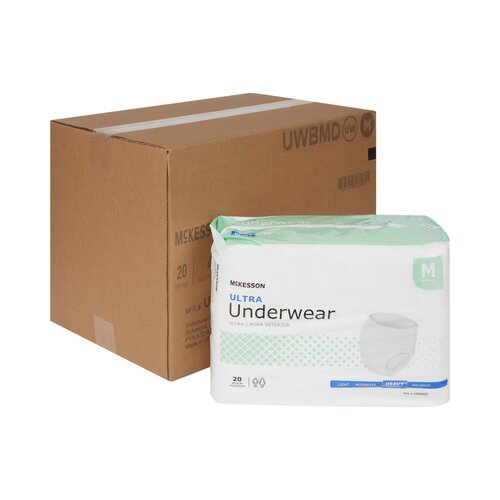 McKesson Ultra absorbent underwear medium size package of 20 beside a brown cardboard case box