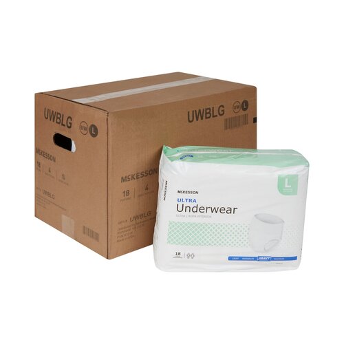 McKesson Ultra absorbent underwear in large size, shown as a single package of 18 beside a bulk cardboard case box