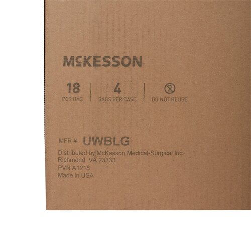 McKesson absorbent underwear shipping box showing product details, quantity, and distributor information on brown corrugated