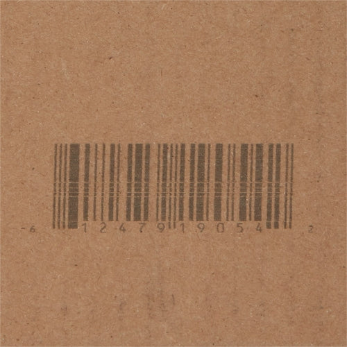 Cardboard packaging bottom showing a printed barcode on kraft brown surface