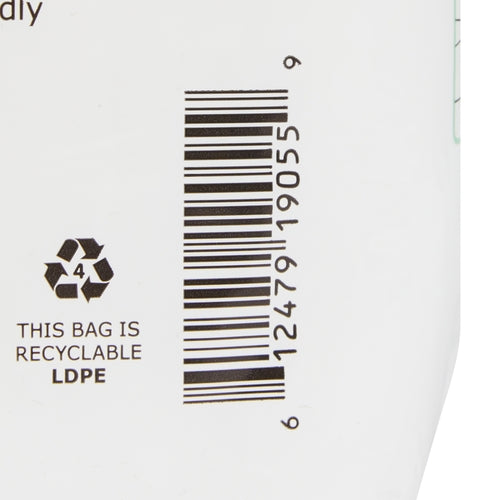 Absorbent underwear packaging close-up showing barcode and recyclable LDPE label