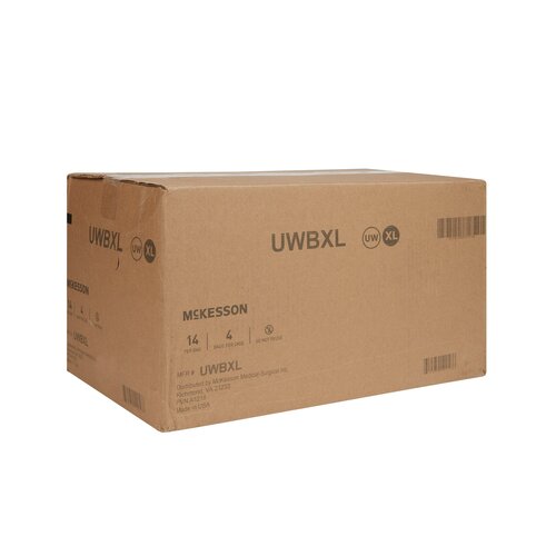 Cardboard shipping box of McKesson UWBXL adult absorbent underwear, extra large, showing product labeling on exterior