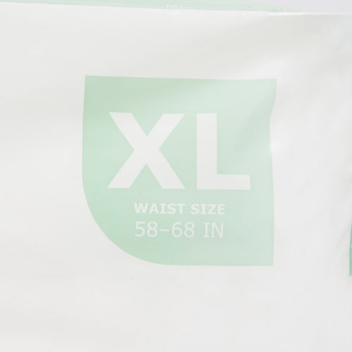 Absorbent underwear packaging label showing XL size and waist size 58–68 inches in green and white print