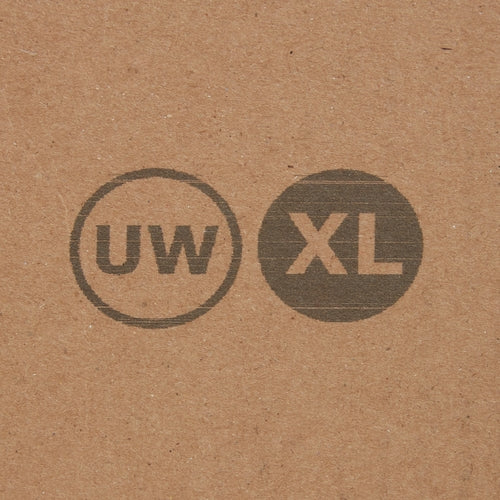 Cardboard box label showing UW and XL size markings for adult unisex absorbent underwear