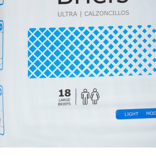 McKesson Ultra incontinence briefs packaging, large size, 18 count, unisex, with blue diamond pattern design