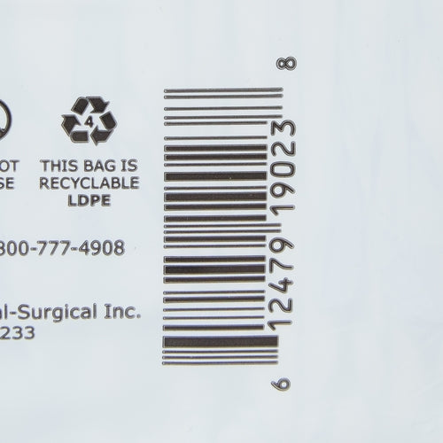 Incontinence brief packaging back panel showing barcode, recyclable LDPE label, and manufacturer contact information