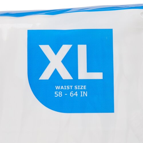Adult incontinence brief packaging closeup showing blue XL size label with waist size 58–64 inches printed in white text