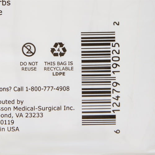Incontinence brief packaging back panel showing barcode, recycling symbols, and distributor contact information
