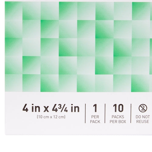 McKesson Alginate Dressing packaging showing green geometric pattern, labeled 4 in x 4¾ in, 1 per pack, 10 packs per box