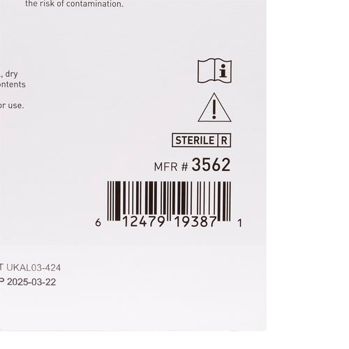 Alginate dressing packaging back panel showing sterile symbol, caution icon, MFR number, and barcode