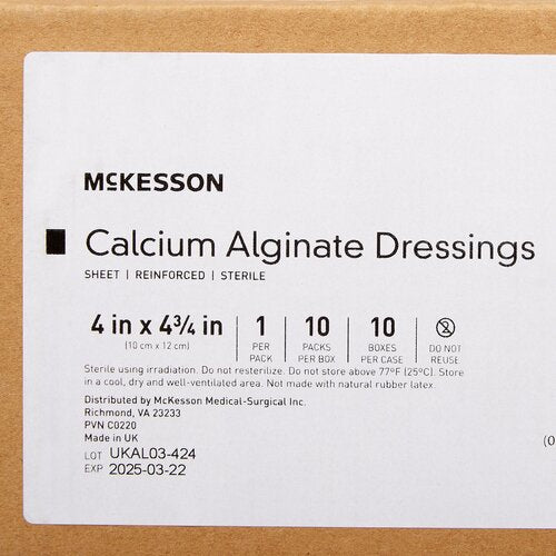 McKesson Calcium Alginate Dressings box showing sterile reinforced sheet dressings, 4 in x 4¾ in, 10 packs per box.