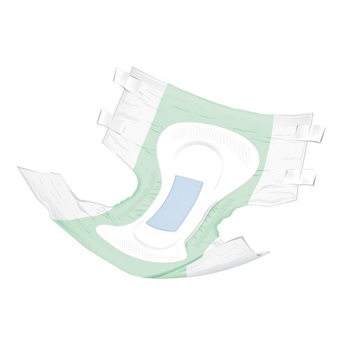 Adult incontinence brief with green outer cover, white absorbent core, blue wetness indicator, and refastenable adhesive