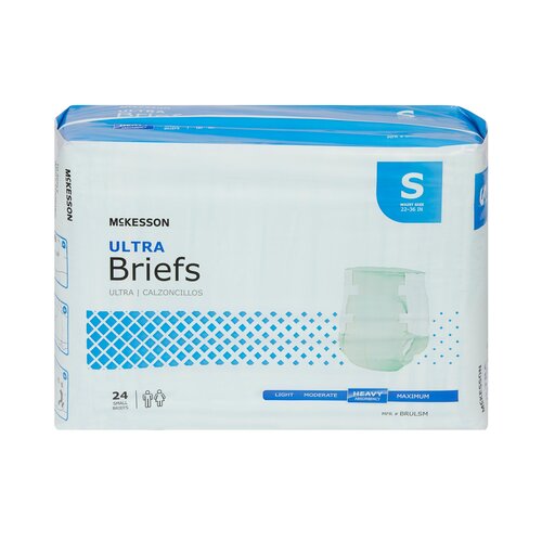 McKesson Ultra Briefs incontinence brief package, size small, 24 count, with heavy absorbency indicated on blue and white