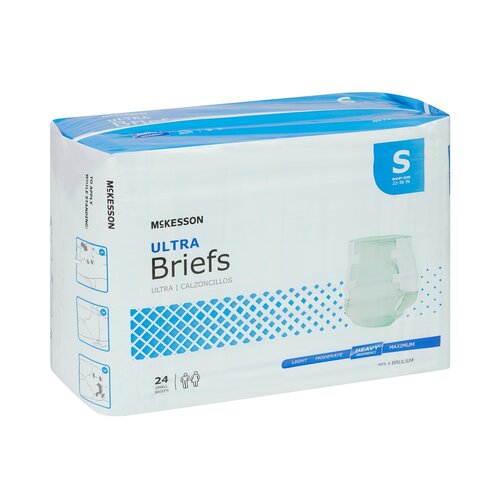 McKesson Ultra Briefs incontinence brief package, size small, 24 count, heavy absorbency, white and blue packaging