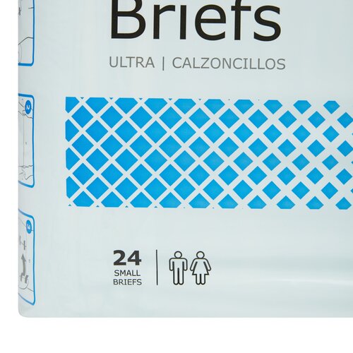 Adult incontinence briefs package, Ultra, small size, 24 count, unisex, with blue diamond pattern design